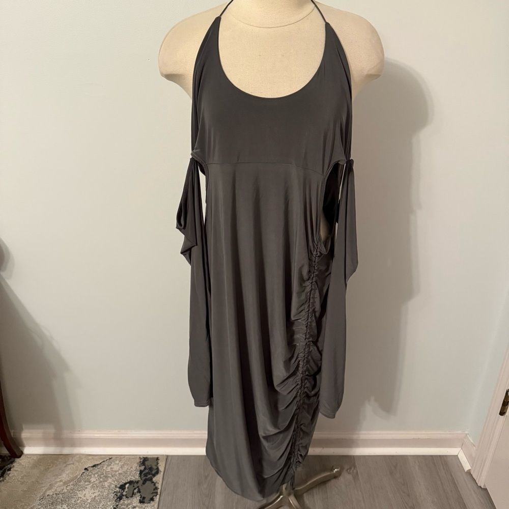 NWT Pretty Little Thing Silver Slinky Ruched Cut Out Midi Dress Size 22 - Picture 7 of 11